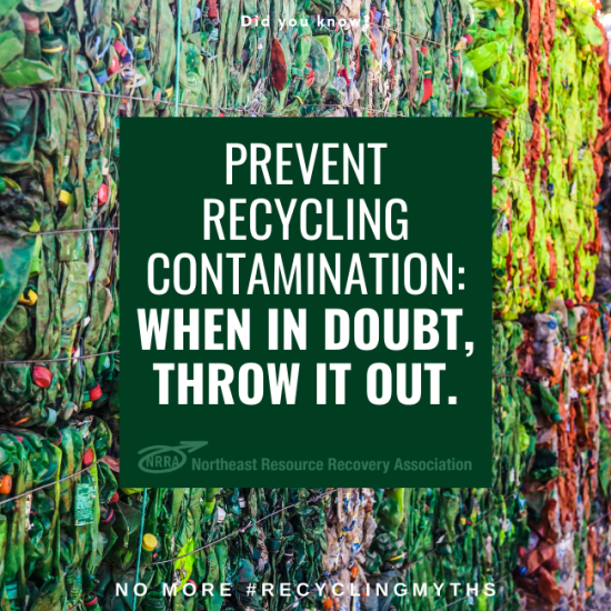 Text:  Prevent recycling contamination.  When in doubt, throw it out.  Photo:  Bales of recyclables.  