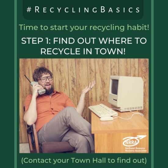 Step 1: Find our there to recycle in town, with image of man talking on 70s style phone