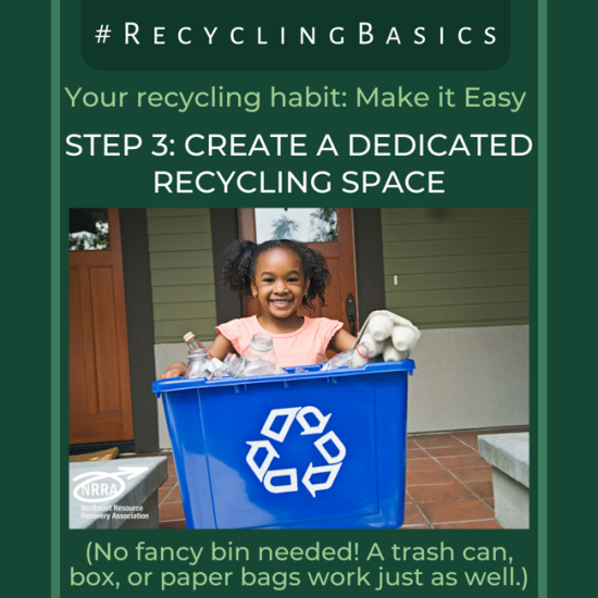 Create a Dedicated Recycling Space, with smiling child holding a full blue recycling bin
