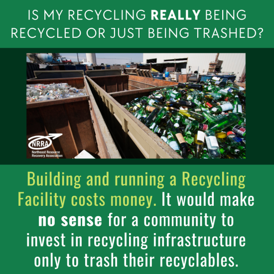 "Is my Recycling *REALLY* Being Recycled or just being trashed?!" with image of full recycling hoppers