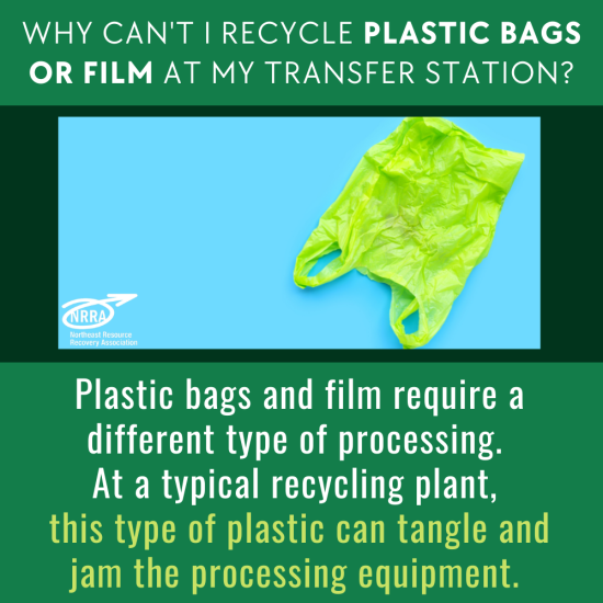 "How to Properly Recycle Plastic Bags and Film" with green empty plastic bag on a light blue background