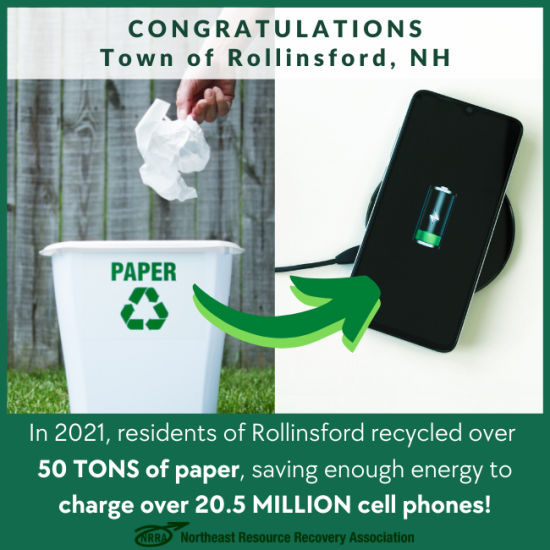 Congratulations Town of Rollinsford with photo of someone throwing away a sheet of paper next to a photo of a charging phone