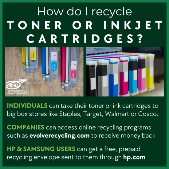 How to Recycle Toner or Inkjet Cartridges?  with two photos of colorful inkjet cartridges on a table