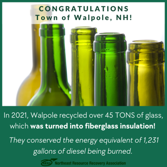 Congratulations Town of Walpole with pictures of glass bottles in various shade of green