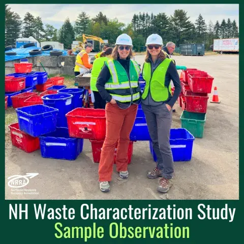Image of two women standing in front of a waste sorting table and bins with text NH Waste Characterization Study Sample Observe