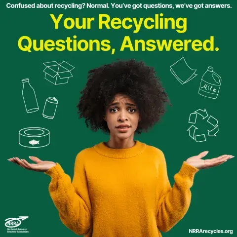 Confused woman in a yellow shirt with text "Your recycling questions, answered" above her head.
