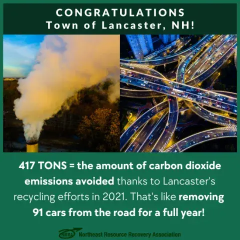 Congratulations Town of Lancaster with photo of factory steam stack next to photo of heavily trafficked highway