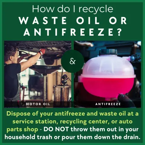 How do I recycle waste oil or antifreeze text with image of both.