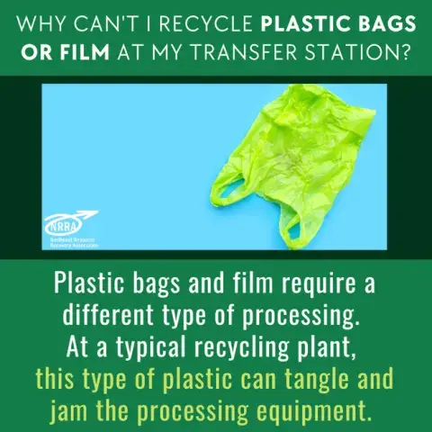 "How to Properly Recycle Plastic Bags and Film" with green empty plastic bag on a light blue background