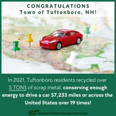 Congratulations Town of Tuftonboro with image of toy car on a map surrounded by thumb tacks