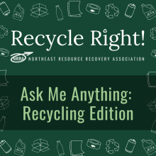 Ask Me Anything: Recycling Edition - green square with white text and outline of recyclables in white