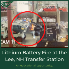 Lithium battery fire at the Lee, NH transfer station with screen shot and fire circled in red