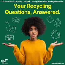 Confused woman in a yellow shirt with text "Your recycling questions, answered" above her head.