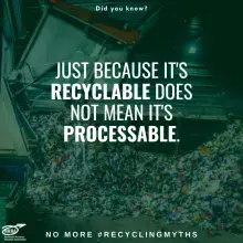 Text:  Just because it's recyclable does not mean it's processable.  Photo:  A pile of garbage