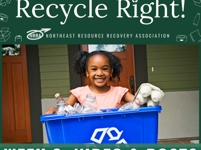 text reads Recycle Right Week 3 Video and Posts with image of girl holding recycling bin