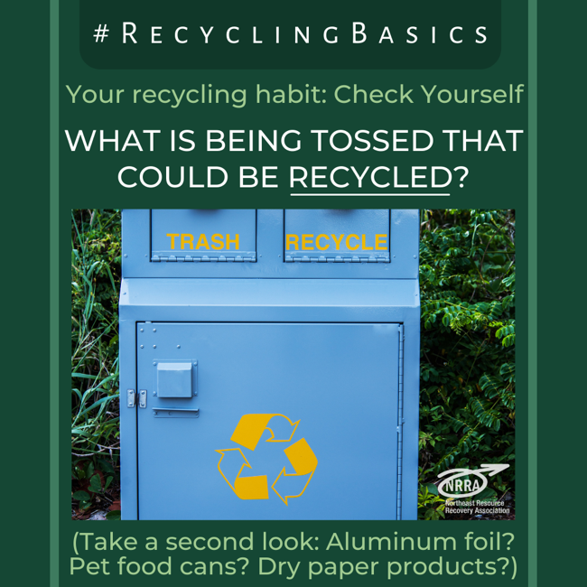 What is Being Tossed that Could Be RECYCLED? with image of large blue recycling bin