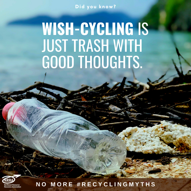Text:  Wish-cycling is just trash with good thoughts.  Photo:  A water bottle and Styrofoam washed up on a beach. 