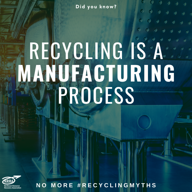 Text:  Recycling is a manufacturing process.  Photo:  Machinery.
