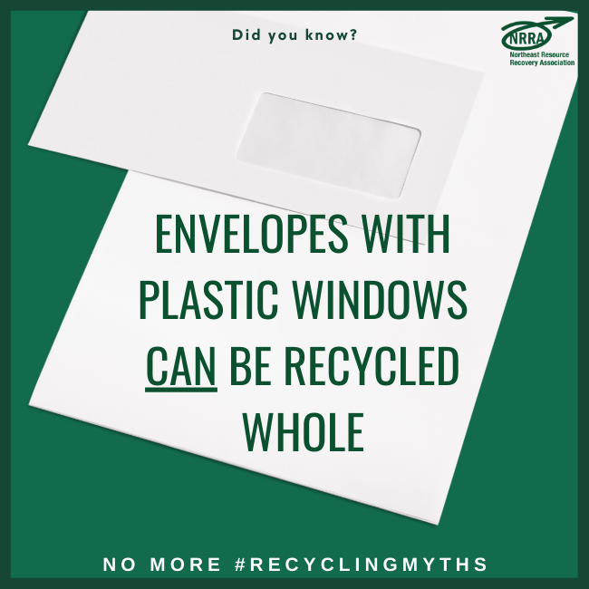 Text: Envelopes with plastic windows can be recycled whole. Photo: Envelope with plastic window.