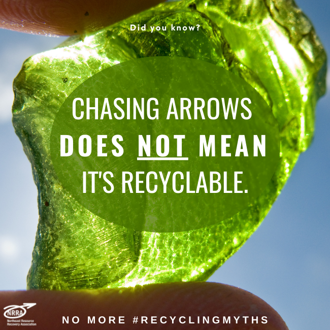 Text:  Chasing arrows does not mean it's recyclable.  Photo:  Someone holding a piece of broken glass.