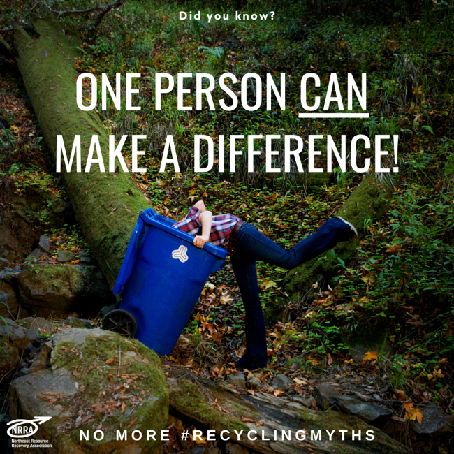 One person CAN make a difference when it comes to recycling! with image of person with head in recycling bin