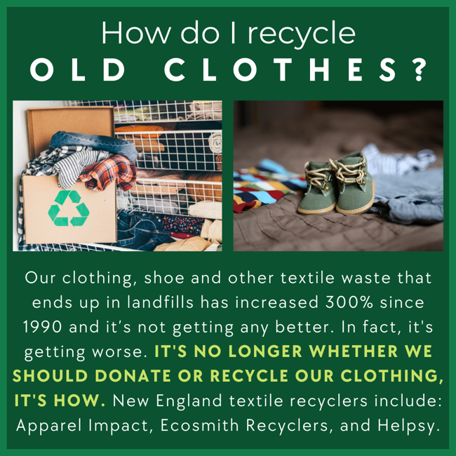Image of clothing in a recycling box with text, "how do I recycle old clothes?"