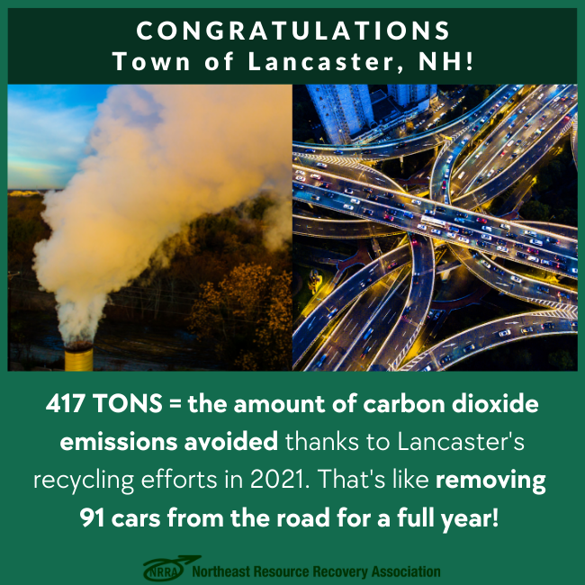 Congratulations Town of Lancaster with photo of factory steam stack next to photo of heavily trafficked highway