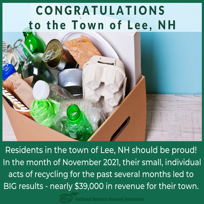 Congratulations Town of Lee and a photo of refuse in a carboard box