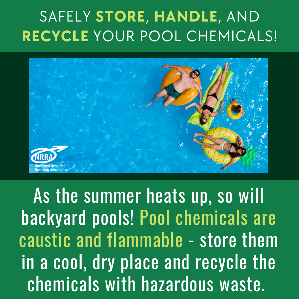 Text : "Safely store, handle, and recycle your pool chemicals" with image of 3 adults and 1 child in pool with floaties