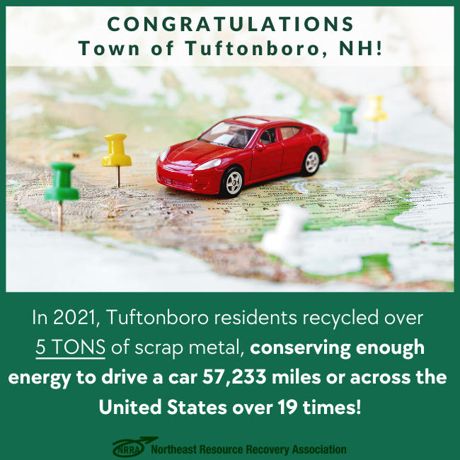 Congratulations Town of Tuftonboro with image of toy car on a map surrounded by thumb tacks