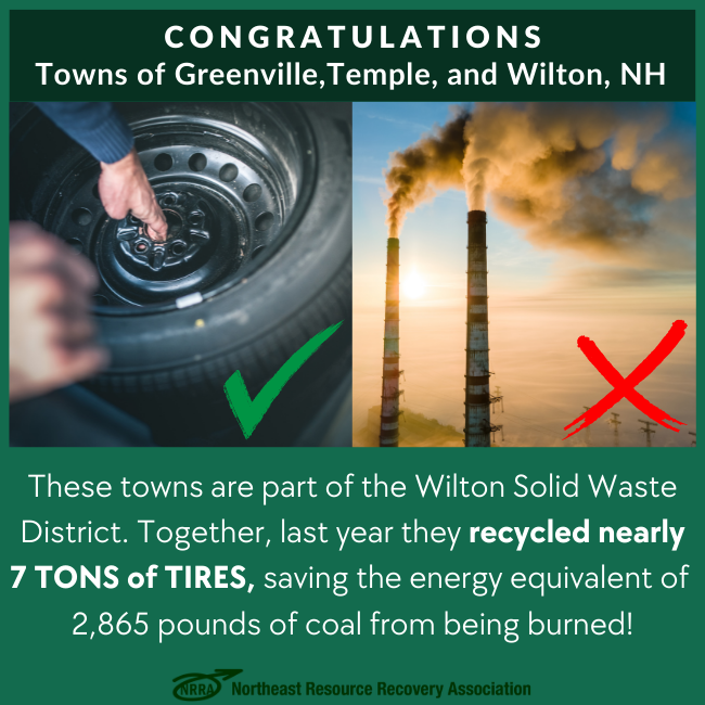 Congratulations Wilton Solid Waste District and photo of tire next to photo of a factory steam stack